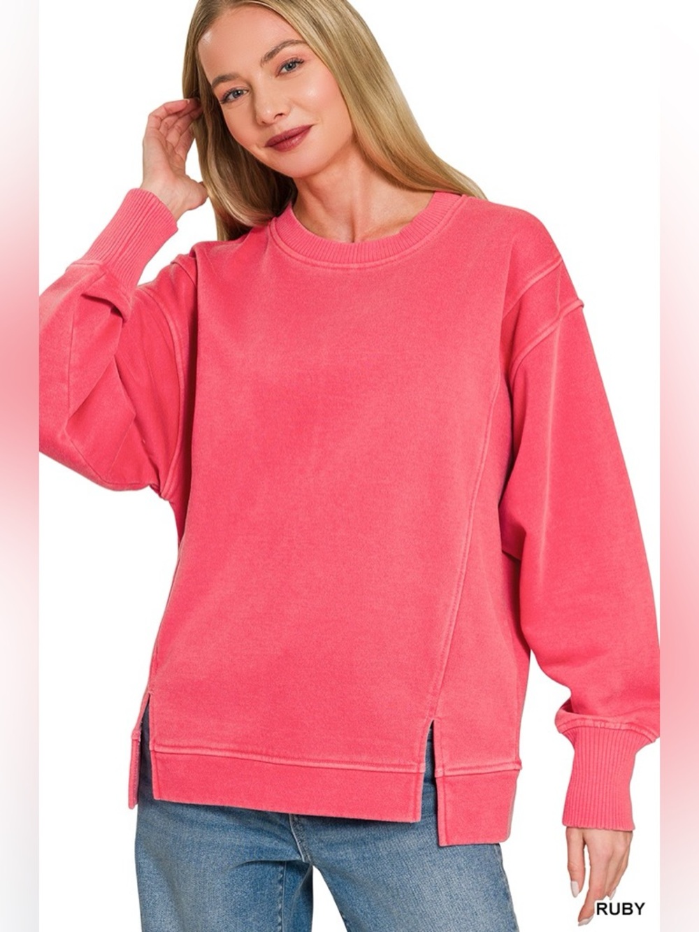 Zenana Pigment Dye Exposed-seam Fleece Sweatshirt - Picture 1 of 4